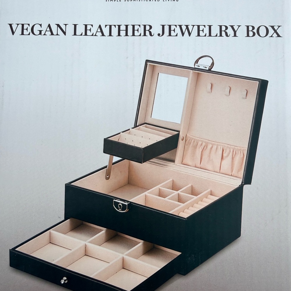 Vegan Leather Jewelry Box Organizer - Black with Cream Interior